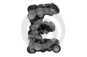 Letter E from car wheels, 3D rendering