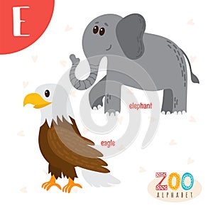 Letter E. Cute animals. Funny cartoon animals in vector. ABC boo