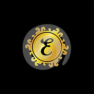 Letter E Decorative Alphabet Logo isolated on Black Background, Elegant Curl & Floral Logo Concept, Gold Luxury Initial Abjad Logo