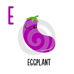 Letter E Eggplant. Animal and food alphabet for kids. Cute cartoon kawaii English abc. Funny Zoo Fruit Vegetable learning.