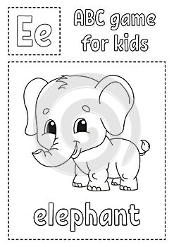 Letter E is for elephant. ABC game for kids. Alphabet coloring page. Cartoon character. Word and letter. Vector illustration