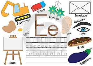 Letter E. English alphabet. Connect the dots. Educational game