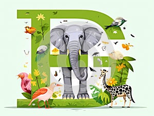 Letter E F G H Elephant Frog Giraffe Hamster Zoo English abc with animals Education cards for kids White backgr