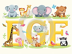 Letter E F G H Elephant Frog Giraffe Hamster Zoo English abc with animals Education cards for kids White backgr