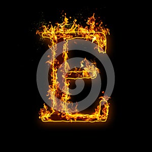 Letter E. Fire flames on black isolated background