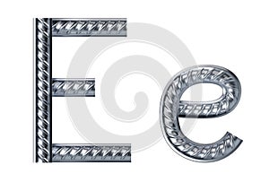 Letter e. font from construction rebar. 3D render