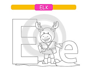 Letter E and funny cartoon elk. Coloring page. Animals alphabet a-z. Cute zoo alphabet in vector for kids learning English vocabul