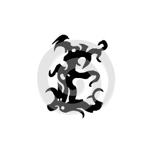 Letter e in gothic graffiti style. Black letter with curls. Logo or design element. Vector illustration isolated on white