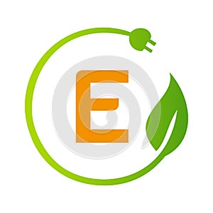Letter E Green Energy Electrical Plug Logo Template. Electrical Plug Sign Concept with Eco Green Leaf Vector Sign