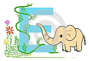 Letter E with green grass vines and little elephant