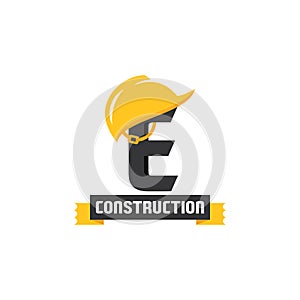 Letter E Helmet Construction Logo Vector Design. Security Building Architecture Icon Emblem