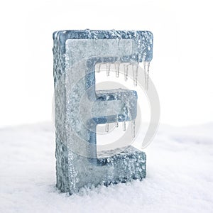 Letter E with ice elements isolated on white background
