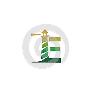 Letter E with lighthouse icon logo design template