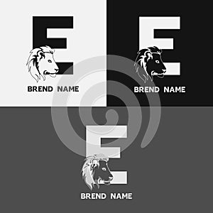 Letter E with a lion face. Lion head logo design inside letter E in aser color variations. Emblem animal and letter E for company