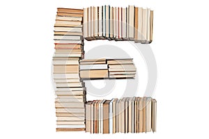 Letter - E made of books isolated on white background. Book letter font mockup from the alphabet. Concept of education. Nobody