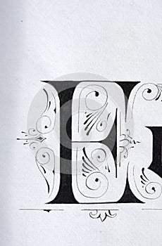 the letter E made with nib on white