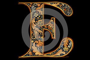 letter e, medieval manuscript style, on black background