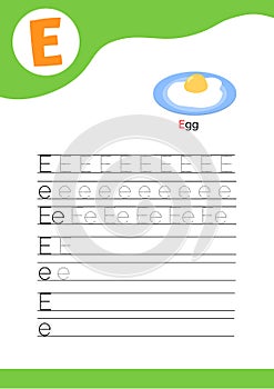 Letter E with a picture of Egg and seven lines of letter E writing practice. Handwriting practice and alphabet learning