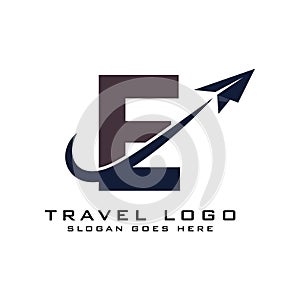 Letter E Travel Logo icon Design with plane graphic element for travel agency logo design