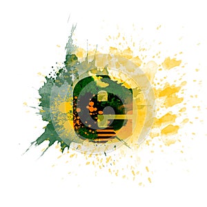 Letter E typography design, dark green and yellow ink splash grunge watercolor splatter, isolated on white, grungy backgro photo
