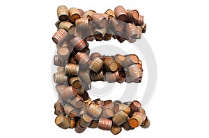 Letter E from wooden barrels, 3D rendering