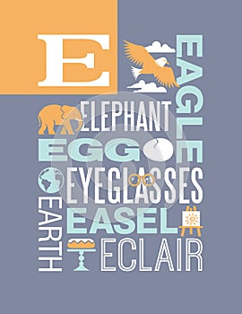 Letter E words typography illustration alphabet poster design