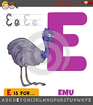 Letter E worksheet with cartoon emu bird