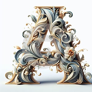 Letter A with elegant flourish carving white background