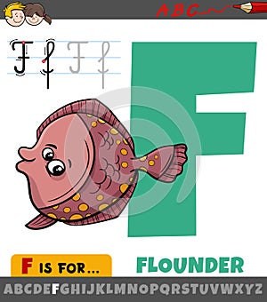 Letter F from alphabet with cartoon flounder animal