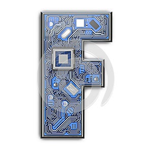Letter F. Alphabet in circuit board style. Digital hi-tech letter isolated on white