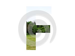 Letter F of the alphabet made with landscape with grass, forest and a blue sky