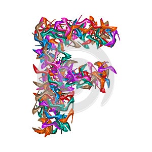 Letter F, alphabet made of multicolored high heel shoes, woman footwear, 3d render on white background