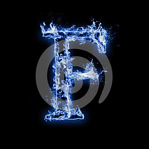 Letter F. Blue fire flames on black