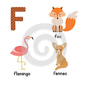 Letter F. Cute animals. Flamingo Fennec Fox. Funny cartoon animals in vector. ABC book.