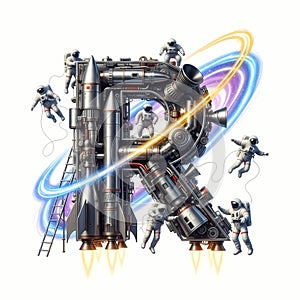 Letter F design with astronauts and rockets