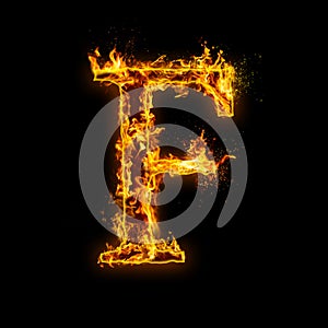 Letter F. Fire flames on black isolated background