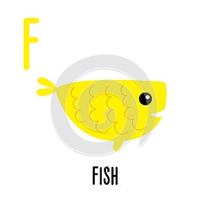 Letter F Fish. Animal and food alphabet for kids. Cute cartoon kawaii English abc. Funny Zoo Fruit Vegetable learning. Education