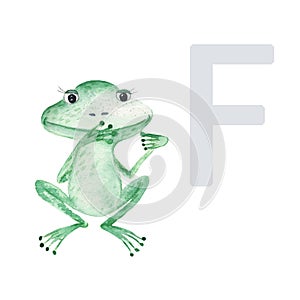 Letter F, frog, cute kids colorful animals ABC alphabet. Watercolor illustration isolated on white background.
