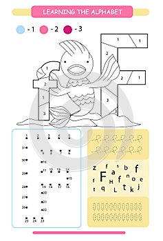 Letter F and funny cartoon fish. Animals alphabet a-z. Coloring page. Printable worksheet. Handwriting practice. Connect the dots.
