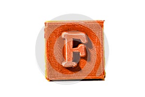 Letter F. Rubber stamp with wooden handle. Entire alphabet available