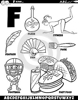 Letter F set with cartoon objects and characters coloring page