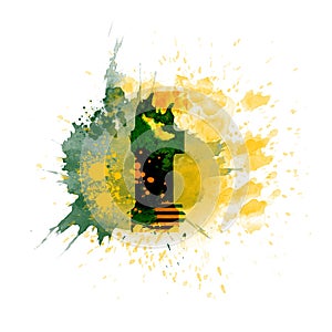 letter F typography design, dark green and yellow ink splash grunge watercolor splatter, isolated on white, grungy backgro photo