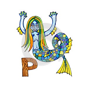 Letter for Fantasy Cyrillic Alphabet - Azbuka with cute mermaid