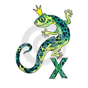 Letter X for Fantasy Cyrillic Alphabet - Azbuka with emerald lizard