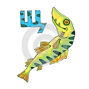 Letter for Fantasy Cyrillic Alphabet - Azbuka with pickerel fish