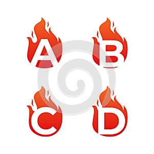 Letter flame for logo company. Letter A B C D logo flame template, fire logo initials