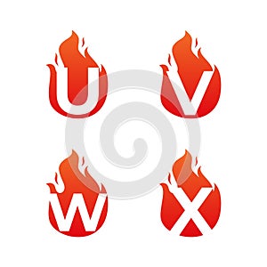 Letter flame for logo company. Letter U V W X logo flame template, fire logo initials