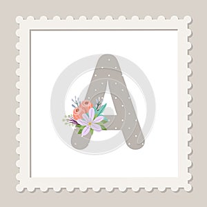 Letter A with flowers. Floral alphabet font uppercase