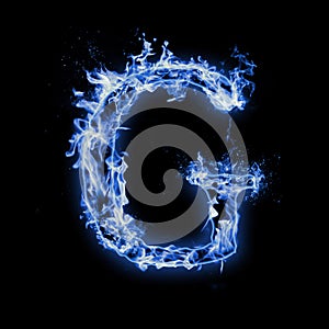 Letter G. Blue fire flames on black