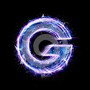 Letter G blue hologram isolate on a black background. 3D render, 3D illustration